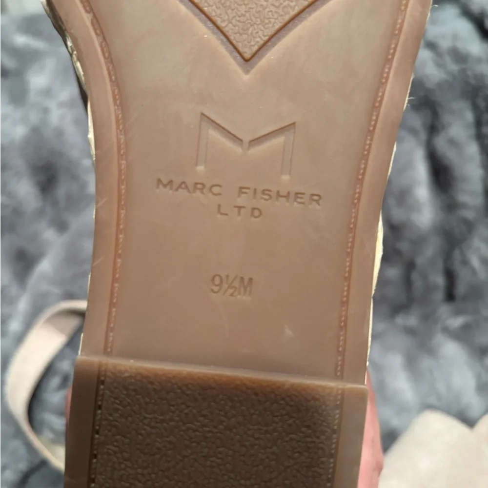 Marc Fisher Suede Taupe Sandals with ankle strap and rafia wedge